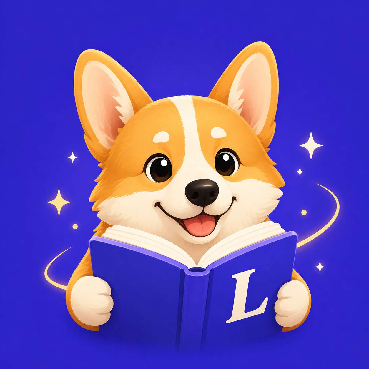 Cheerful Linguoteka corgi reading a book
