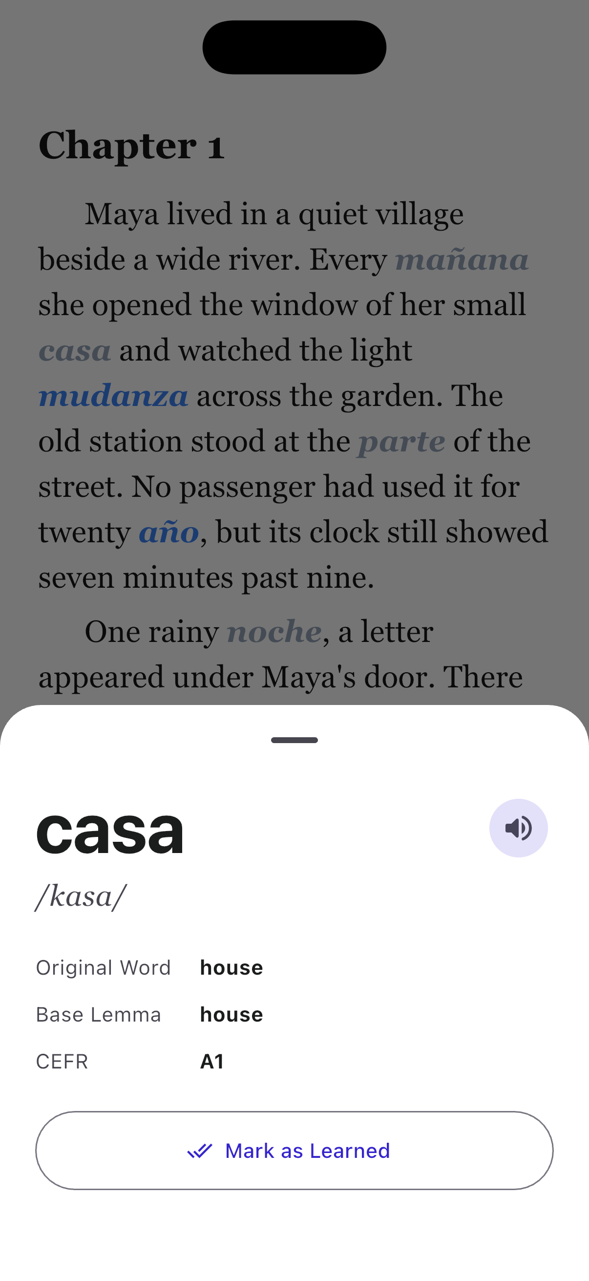 Reader screen with the word casa selected