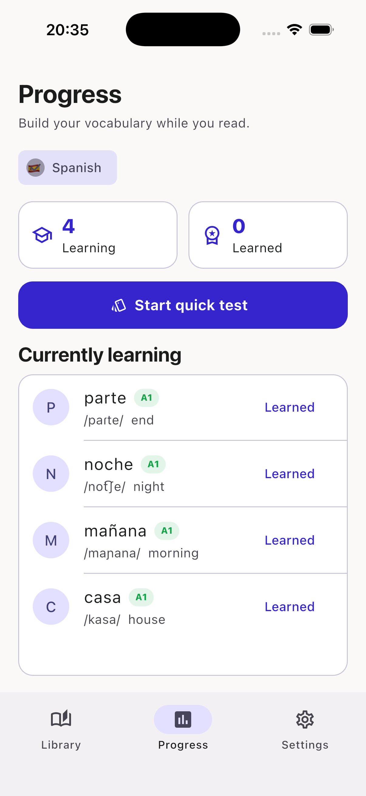 Progress screen with Spanish vocabulary statistics