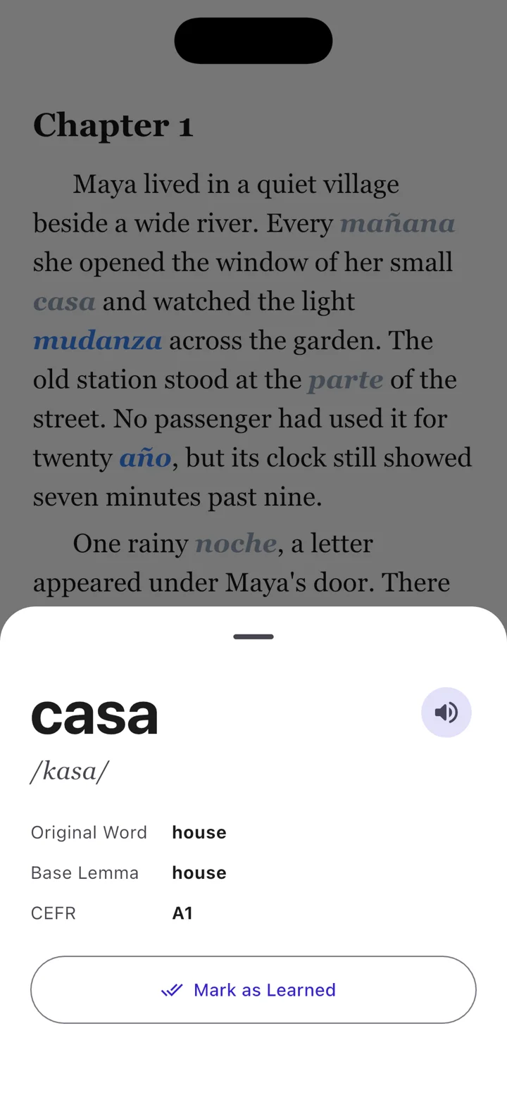 Linguoteka reader showing the Spanish word casa and its English meaning, house