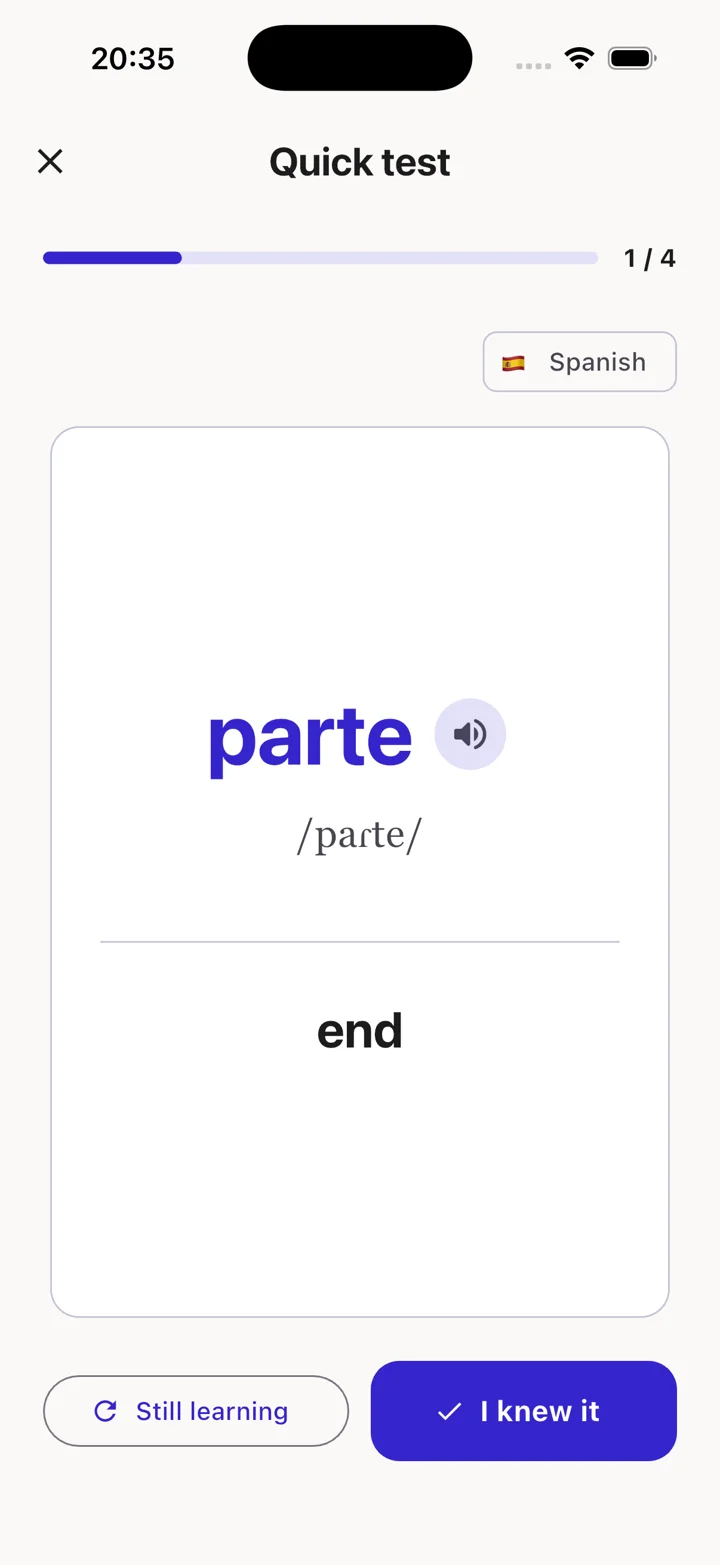 Quick Test flashcard for the Spanish word parte
